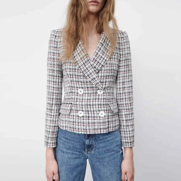 Zara Jackets & Blazers - Zara - Textured Double Breasted Tweed Blazer - Blue/White/Red